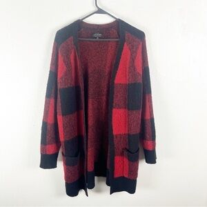 LUCKY BRAND Red Black Checkered Wool Blend Long Open Cardigan, Size Medium